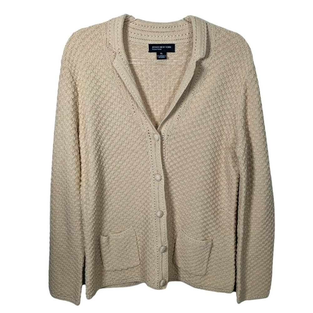 Vintage Y2K Jones New York Crochet Cardigan Cream 100% Mercerized Cotton XL